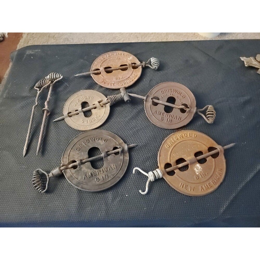 5 Vtg Cast Iron Reversible Steel Spindles Griswold Diamond 6" 5"
